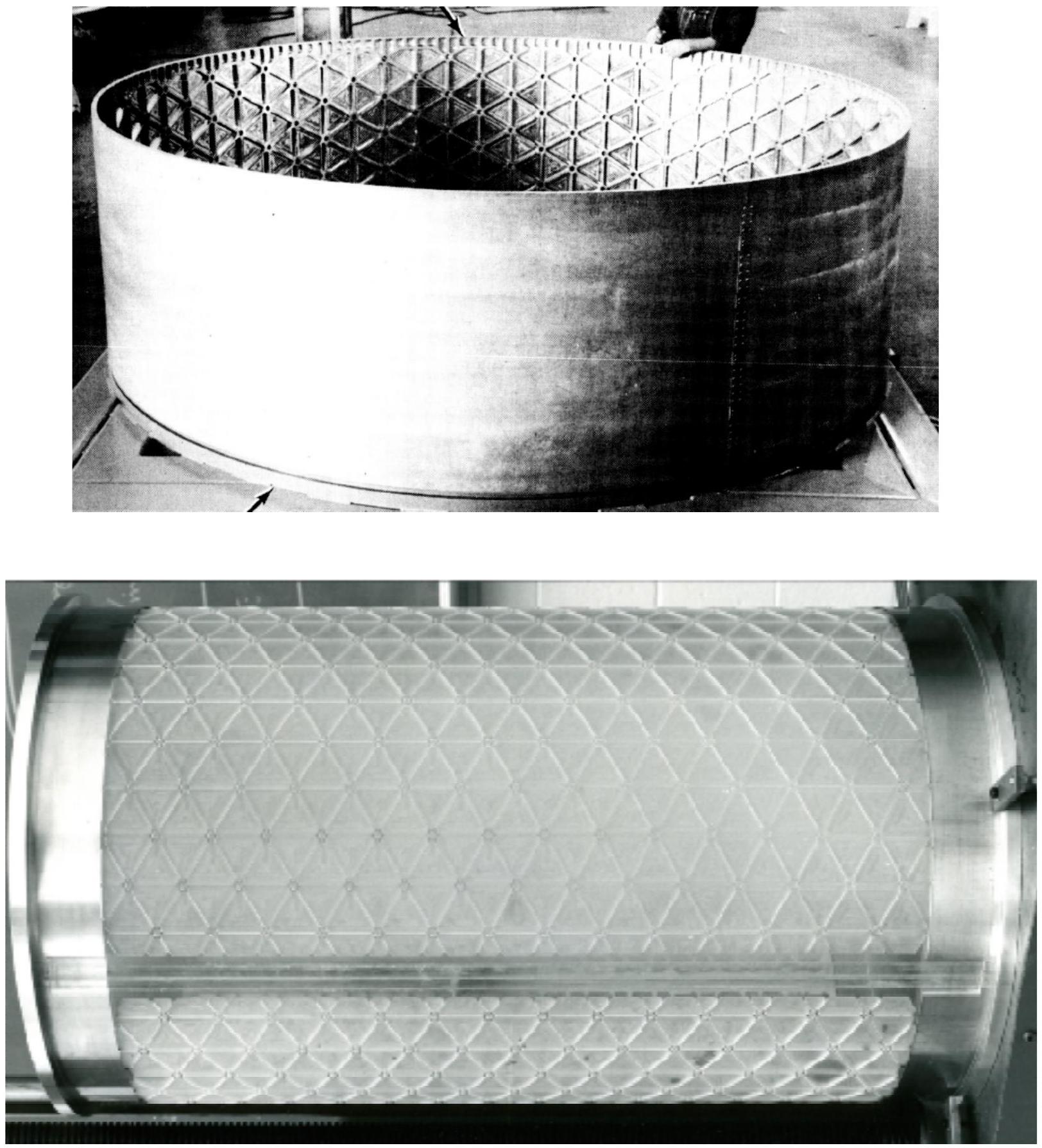 Two isogrid-stiffened cylinder specimens from Nemeth's equivalent-plate treatise.